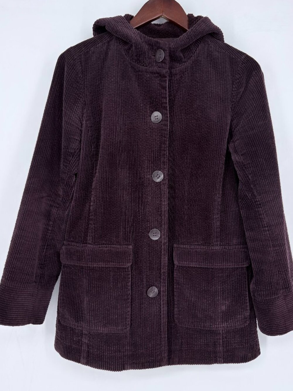 J Jill Heritage Corduroy Coat Womens XS Plum Purple Hooded Jacket Button Front